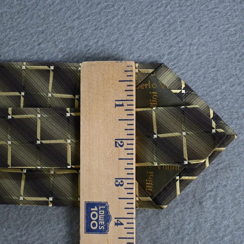 Roberto Villini Mens Collezione Geometric Plaid Silk Necktie OS Brown‎ Gold